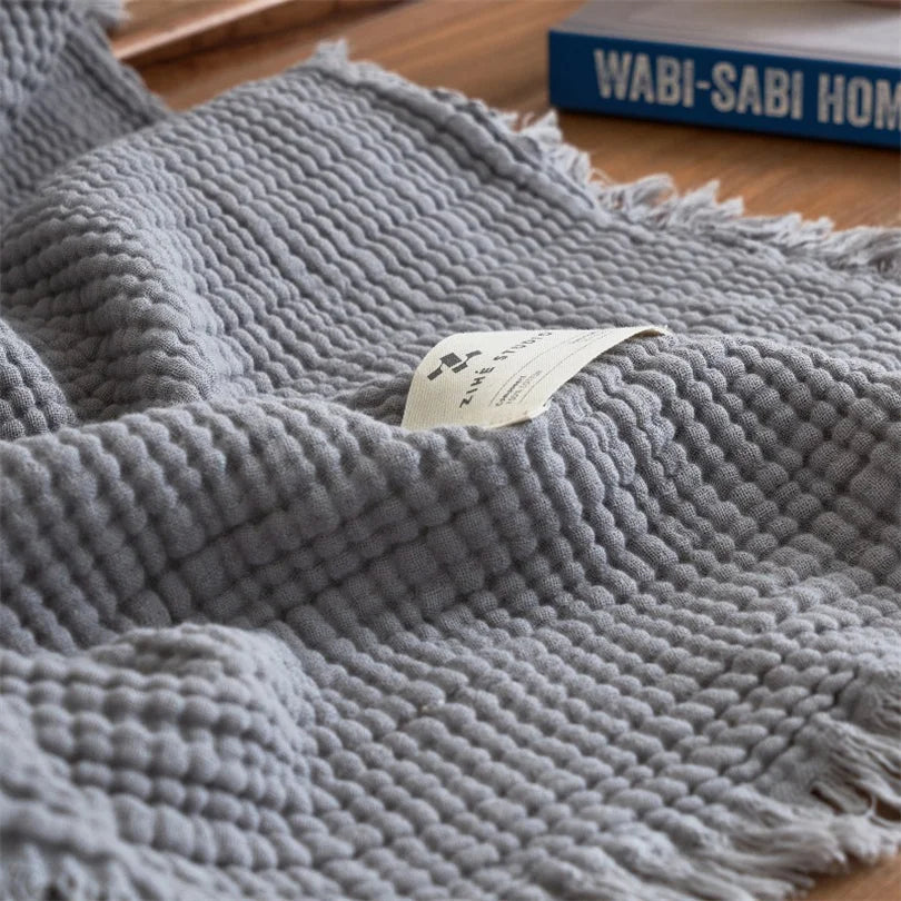 Layered Cotton Gauze Throw with Tassels Breathable Lightweight Blanket for Couch Sofa Bed All Season 100% Natural | Lonoma