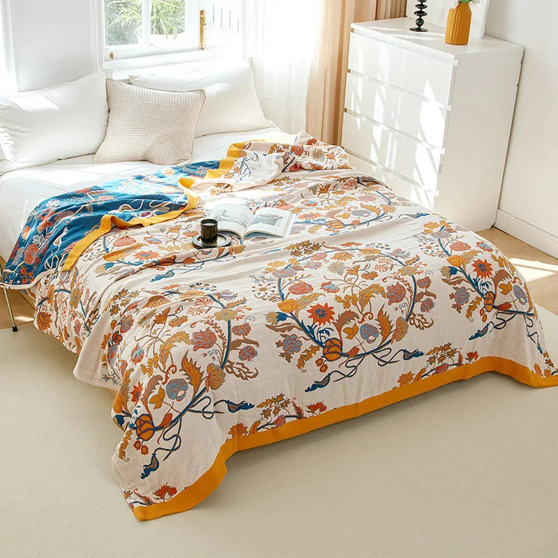 Lightweight Cotton Gauze Blanket Floral King Size Breathable Summer Coverlet for Bed Sofa Throw All-Season | Lonoma