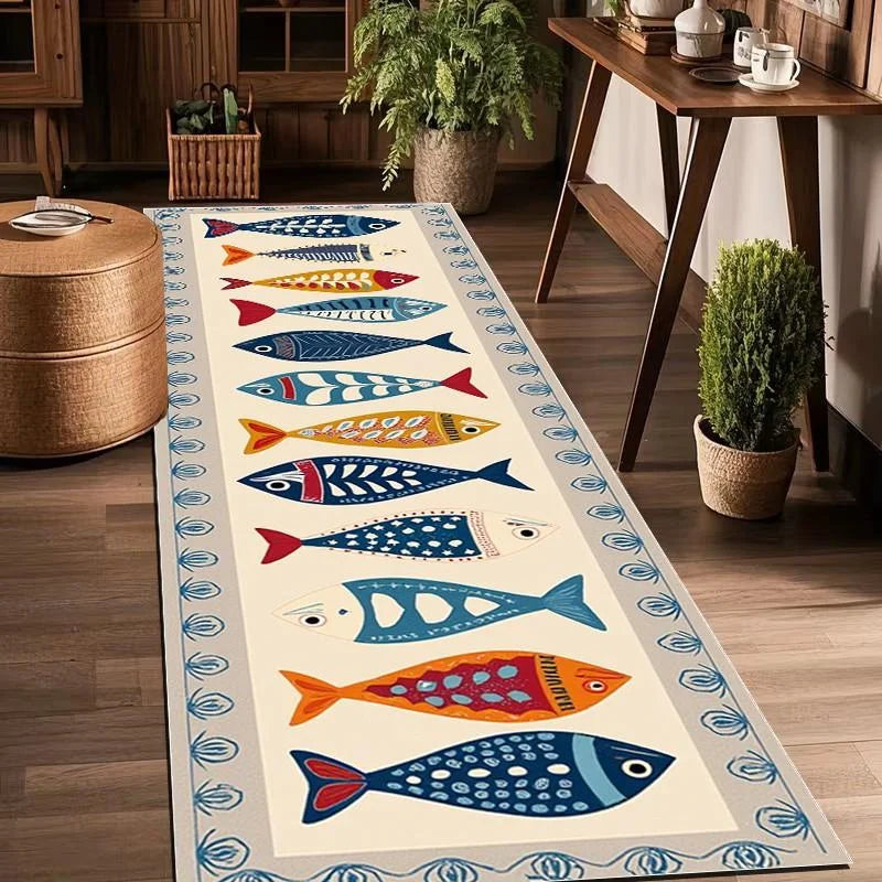 Non-Slip Runner Rug with Playful Fish Design for Hallways, Kitchens & Entryways – Machine Washable Floor Mat | Lonoma