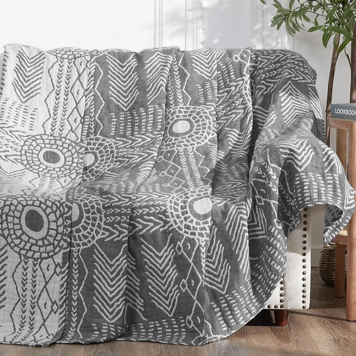 Cotton Throw Blanket Triple Layer Reversible Geometric Pattern for Couch Bed Sofa All Season Lightweight Breathable Boho Decorative Quilt | Lonoma