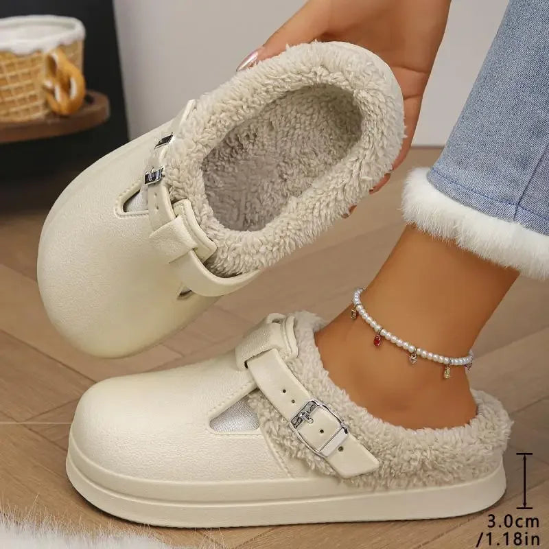 Winter pantoffels - Waterdichte Eva Harige Muilezels Slippers Vrouwen 2025, Winter Metalen Gesp Warme Pluche Slippers Zachte Dikke Bodem Antislip Indoor Slides