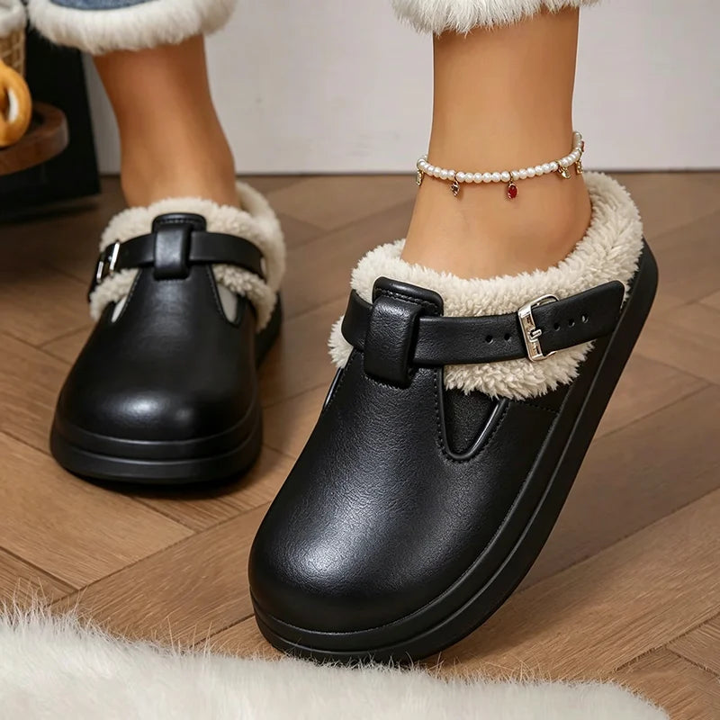 Women's Faux Fur Lined Slippers Cozy Plush Memory Foam House Shoes with Metal Buckle Thick Sole Non-Slip Indoor Mules for Cold Weather | Lonoma