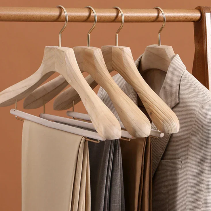 Solid Wood Suit Hangers Wide Shoulder, Champagne Hook, Non-Slip Bar, Closet Organizer for Coats, Jackets & Pants, Set of 2 | Lonoma