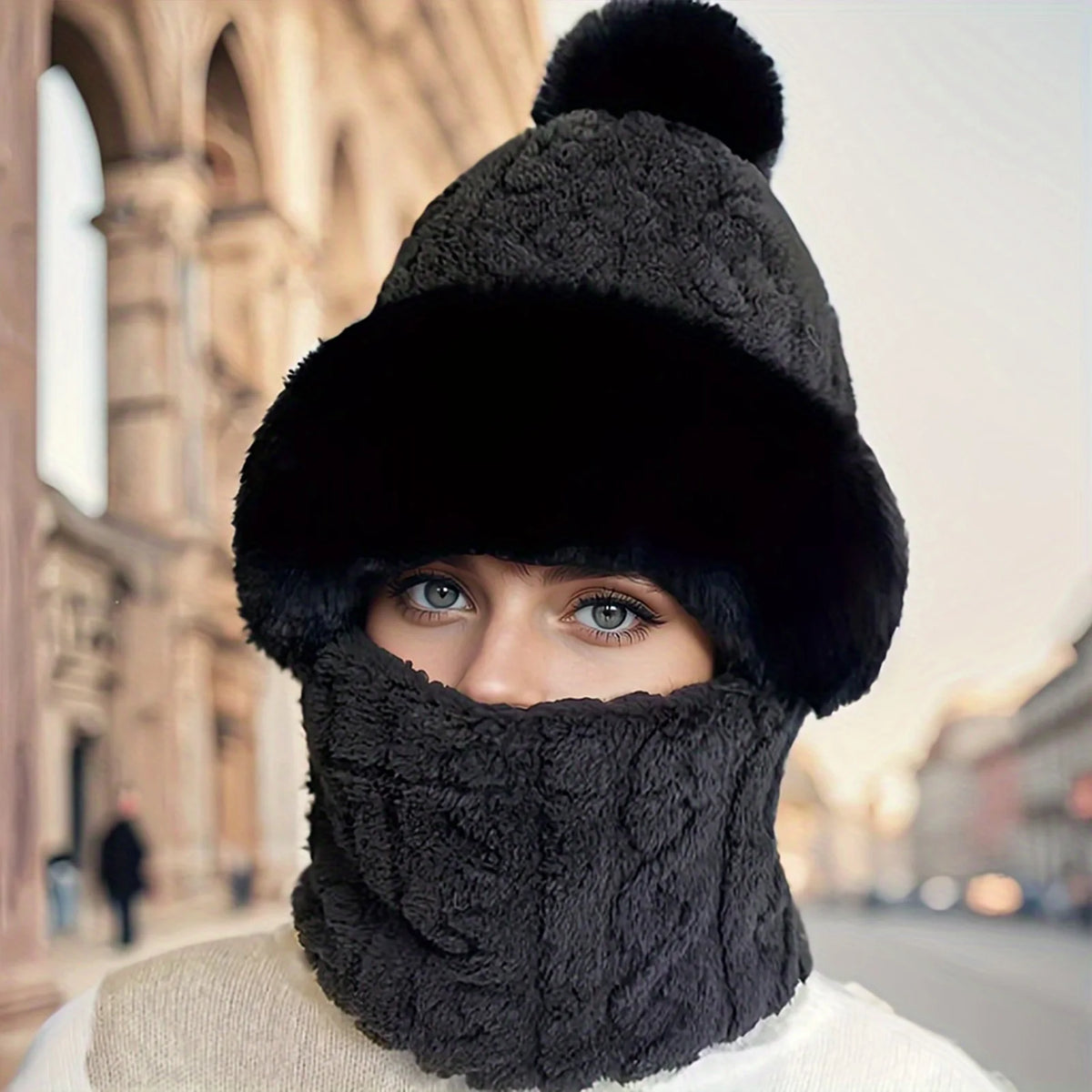 Fleece-Lined Hooded Winter Balaclava with Pom Pom for Women & Men – Full Neck Coverage Cold Weather Hat for Cycling & Outdoor Activities | Lonoma