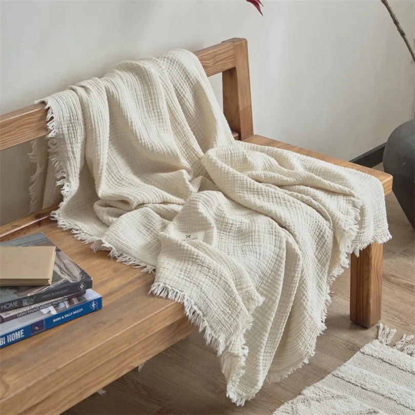 Layered Cotton Gauze Throw with Tassels Breathable Lightweight Blanket for Couch Sofa Bed All Season 100% Natural | Lonoma