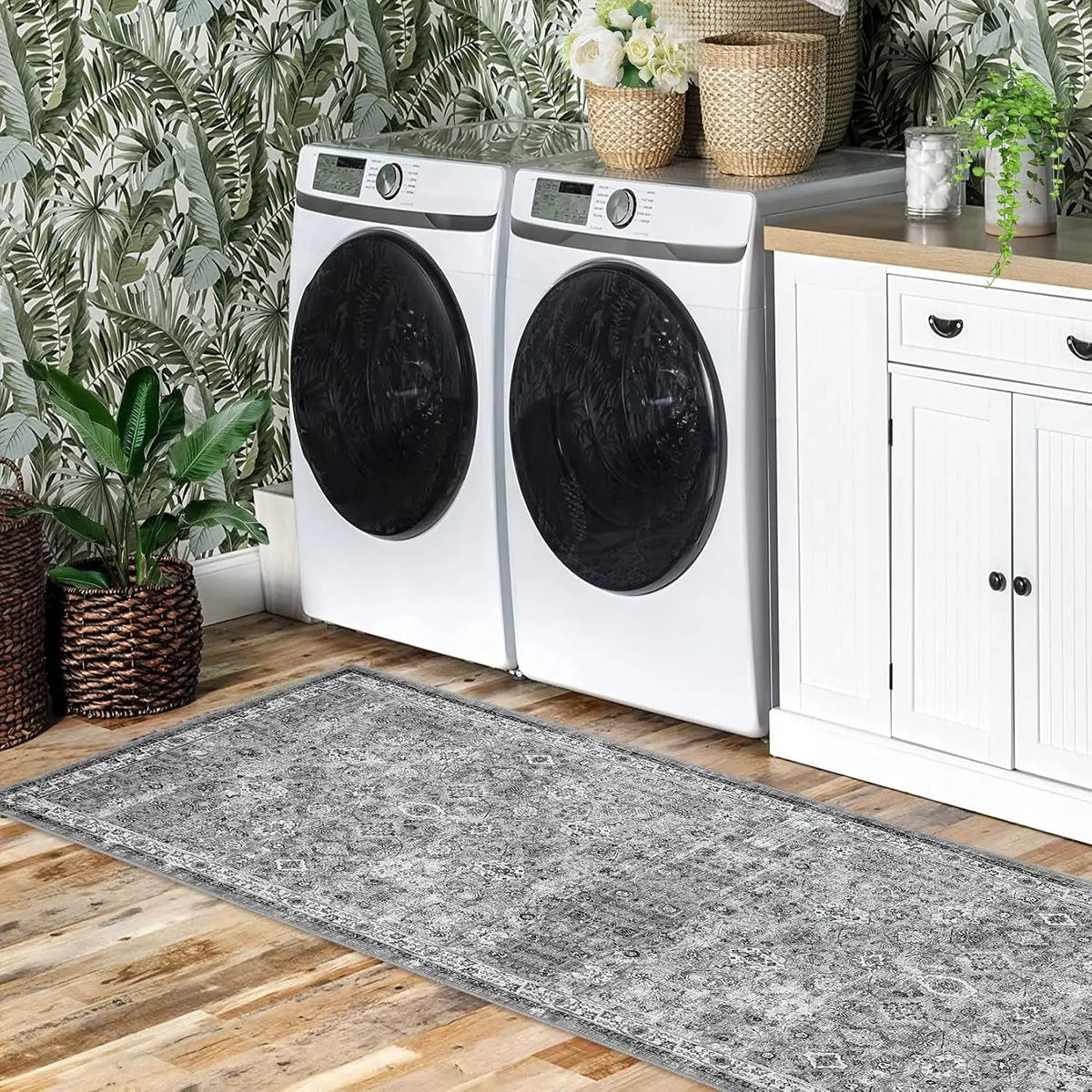 Vintage Low-Pile Area Rug Washable Non-Slip Gray Runner for Kitchen Entryway Bedroom Hallway | Lonoma