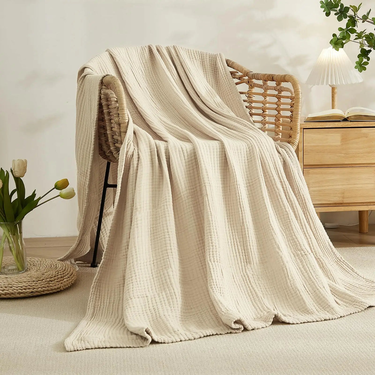 Cotton Muslin Throw Blanket 6-Layer Breathable Lightweight All-Season Comfort for Bed Couch Sofa Living Room Bedroom | Lonoma