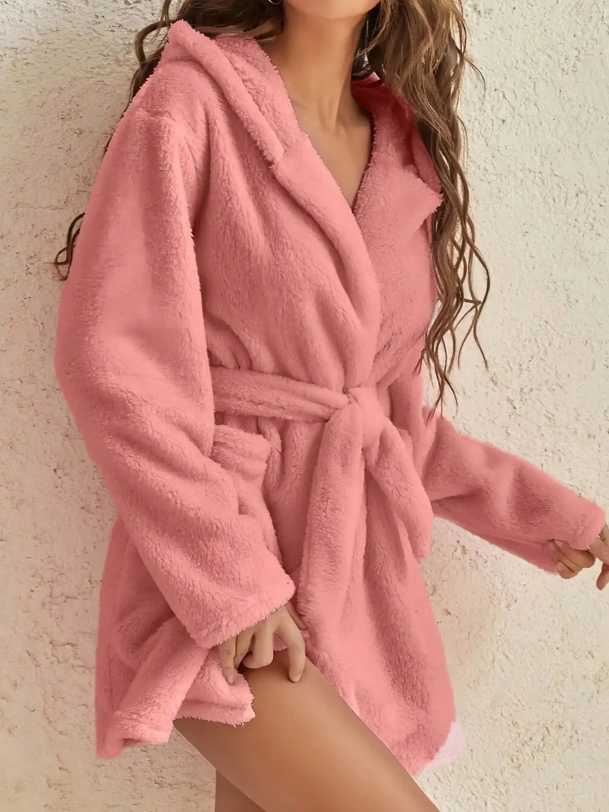 Women's Hooded Fleece Bathrobe with Belt Solid Color Loungewear for Fall Winter Home Relaxation Cozy Warmth | Lonoma