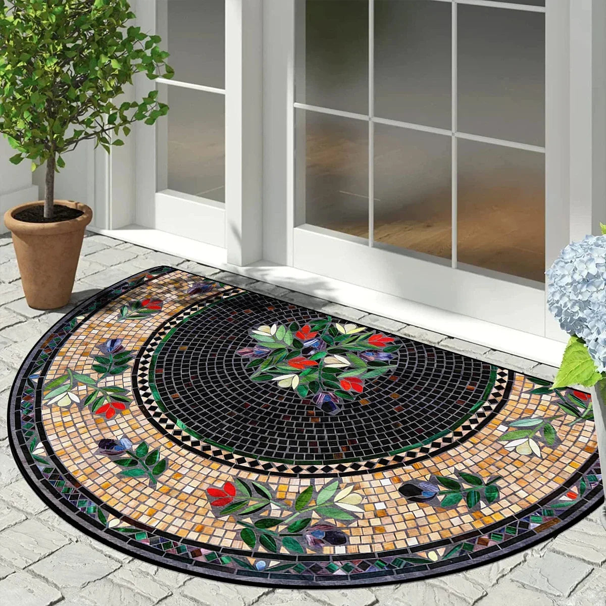 Half-Moon Non-Slip Doormat Geometric Mosaic Print for Entry Patio | Vintage Floral Patchwork Design Indoor Outdoor Mat | Lonoma