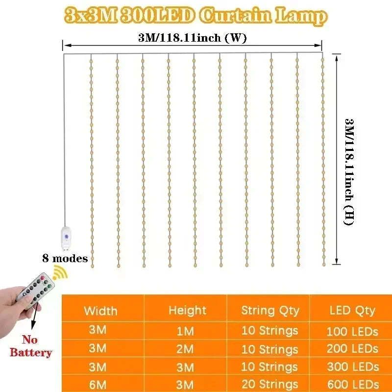 LED Curtain String Lights USB 8 Modes Fairy Lights for Bedroom Wedding Party Holiday Decor Indoor Outdoor Waterfall Twinkle Lights | Lonoma