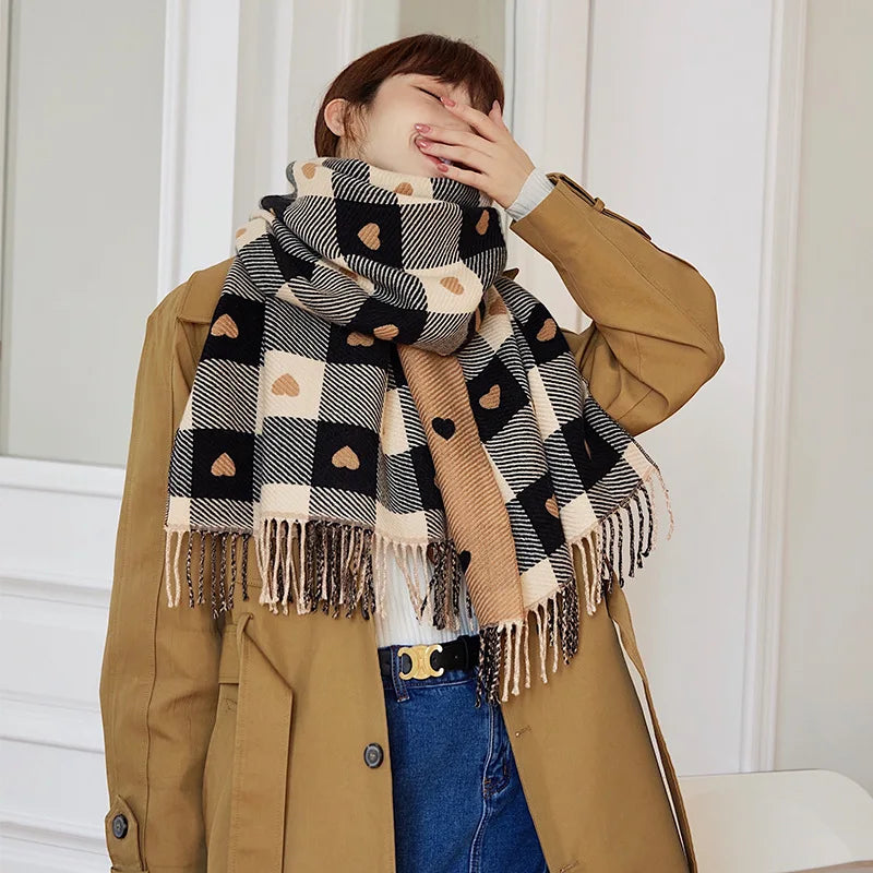 Oversized Plaid Blanket Scarf for Women – Thick Knit Winter Wrap Shawl with Heart Design for Cold Weather | Lonoma