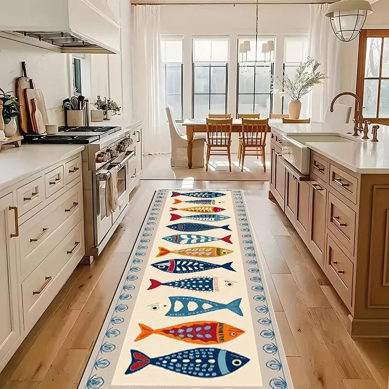Non-Slip Runner Rug with Playful Fish Design for Hallways, Kitchens & Entryways – Machine Washable Floor Mat | Lonoma