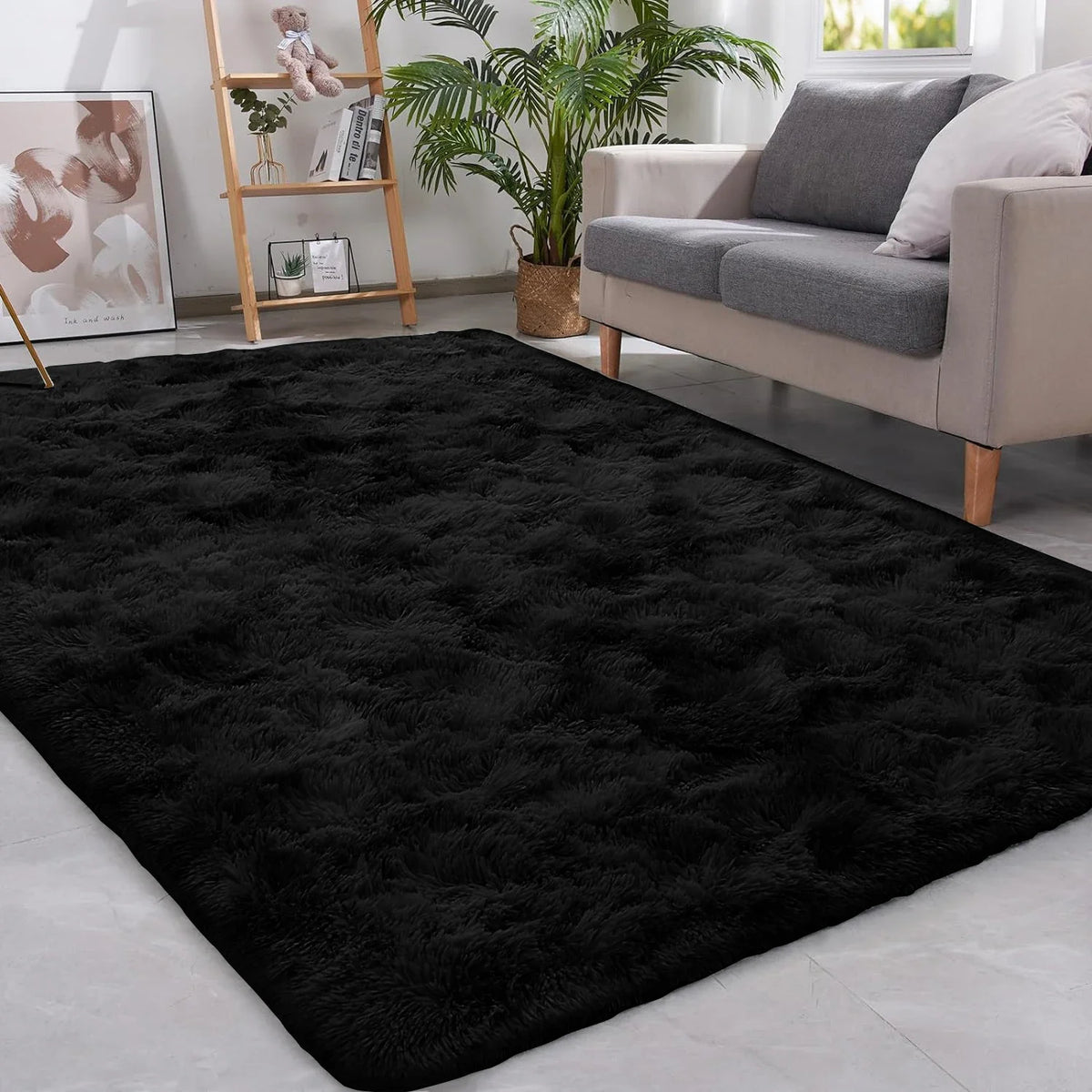 Plush Shag Area Rug Non-Slip Soft Fluffy Floor Mat Tie-Dye Gray Blue Black for Bedroom Living Room Nursery Kids Home Decor | Lonoma
