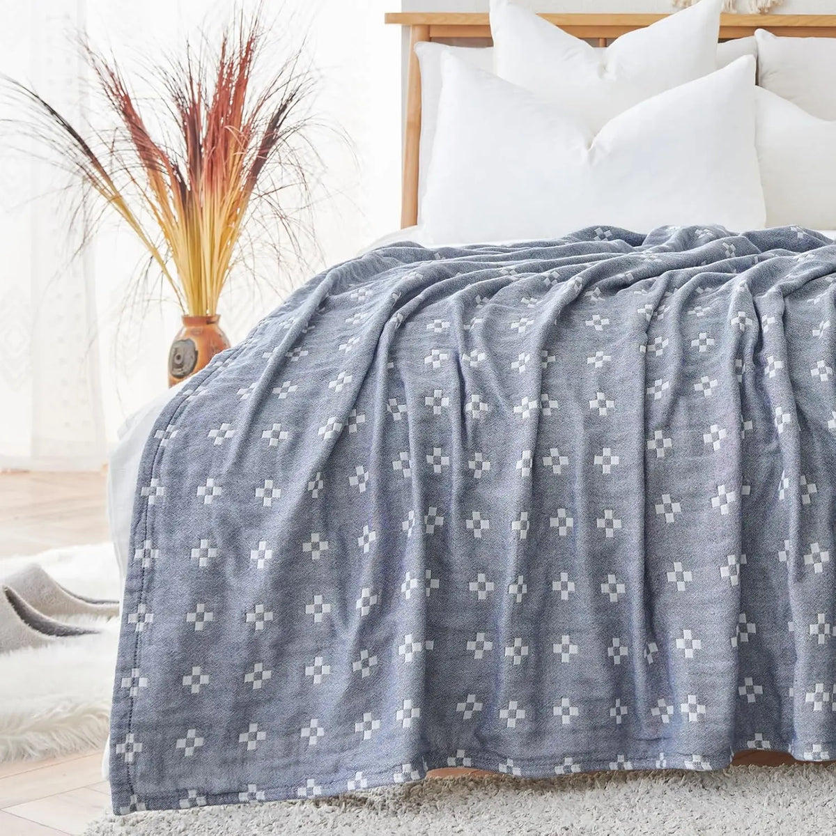 Cotton Throw Blanket Triple Layer Reversible Geometric Pattern for Couch Bed Sofa All Season Lightweight Breathable Boho Decorative Quilt | Lonoma
