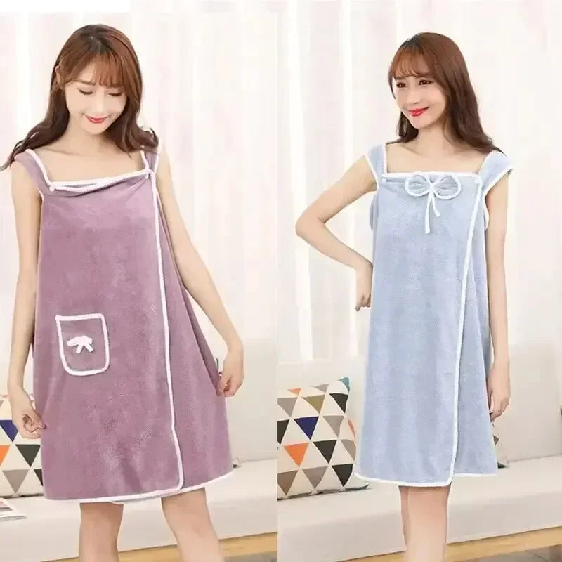 Wearable Bath Towel Wrap for Women Quick-Dry Spa Robe Shower Cover-Up Pool Beach Terry Cloth Snap Button Off-Shoulder 31 × 53 in | Lonoma