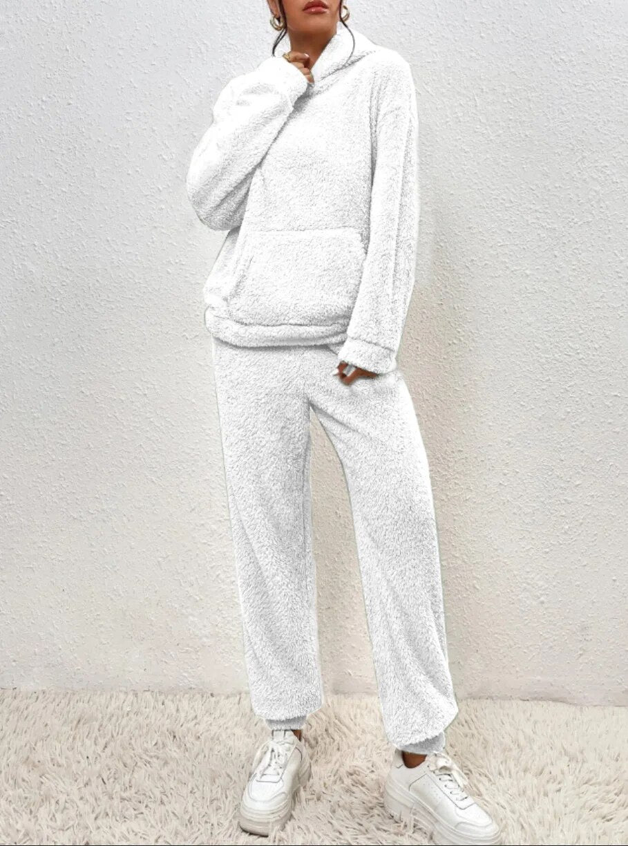 Hooded Fleece Lounge Set Women's Two-Piece Teddy Sweatsuit with Kangaroo Pocket for Winter Cozy Homewear Soft Plush Tracksuit | Lonoma