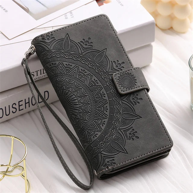 Embossed Leather Wallet Case with Card Slots for Galaxy S26 S25 S24 S23 S22 S21 S20 Note 20 10 9 Magnetic Flip Cover | Lonoma