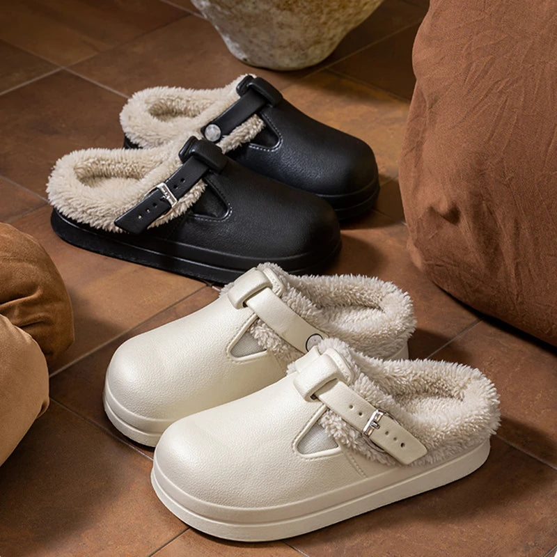 Women's Faux Fur Lined Slippers Cozy Plush Memory Foam House Shoes with Metal Buckle Thick Sole Non-Slip Indoor Mules for Cold Weather | Lonoma