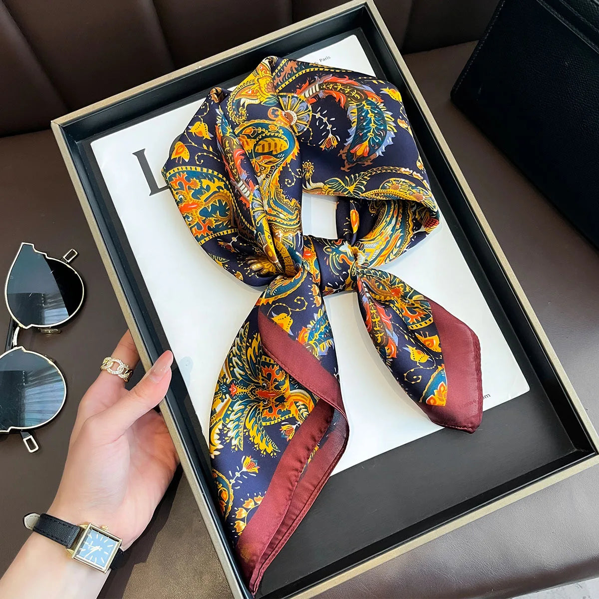 Square Silk Scarf for Women with Printed Design for Hair Neck or Handbag Accent Accessory | Lonoma
