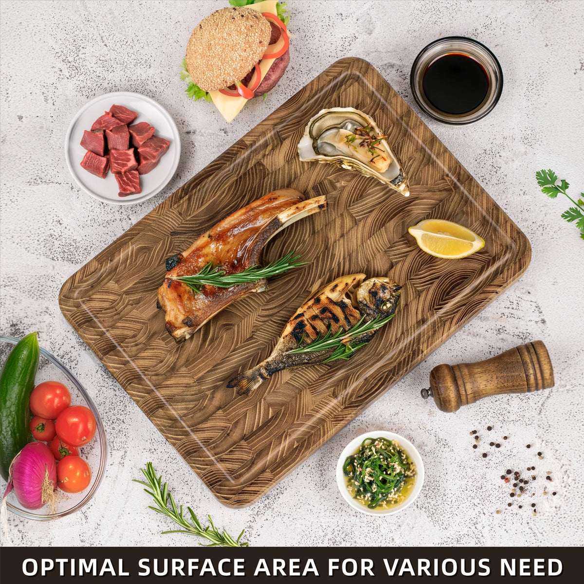 Teak Wood Cutting Board with Juice Groove and Handles for Kitchen Prep | Chopping Block for Meat Vegetables | Pre-Oiled End Grain Butcher | Lonoma