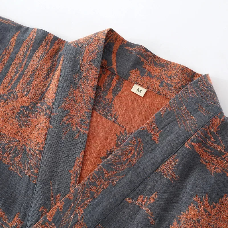 Men's Cotton Kimono Robe Blue Green Printed Long Lightweight Bathrobe V-Neck Spa Wrap for Spring Summer Fall Loungewear Sleepwear | Lonoma