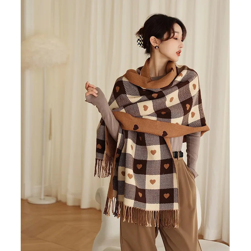 Oversized Plaid Blanket Scarf for Women – Thick Knit Heart-Shaped Shawl Wrap for Fall Winter | Lonoma