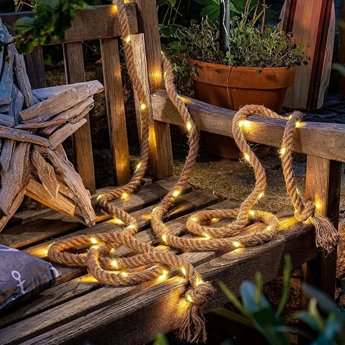 Solar String Lights Outdoor, 100 LED Warm White Hemp Rope Fairy Lights, 16 ft Weatherproof Patio Garden Balcony Decor Lighting | Lonoma