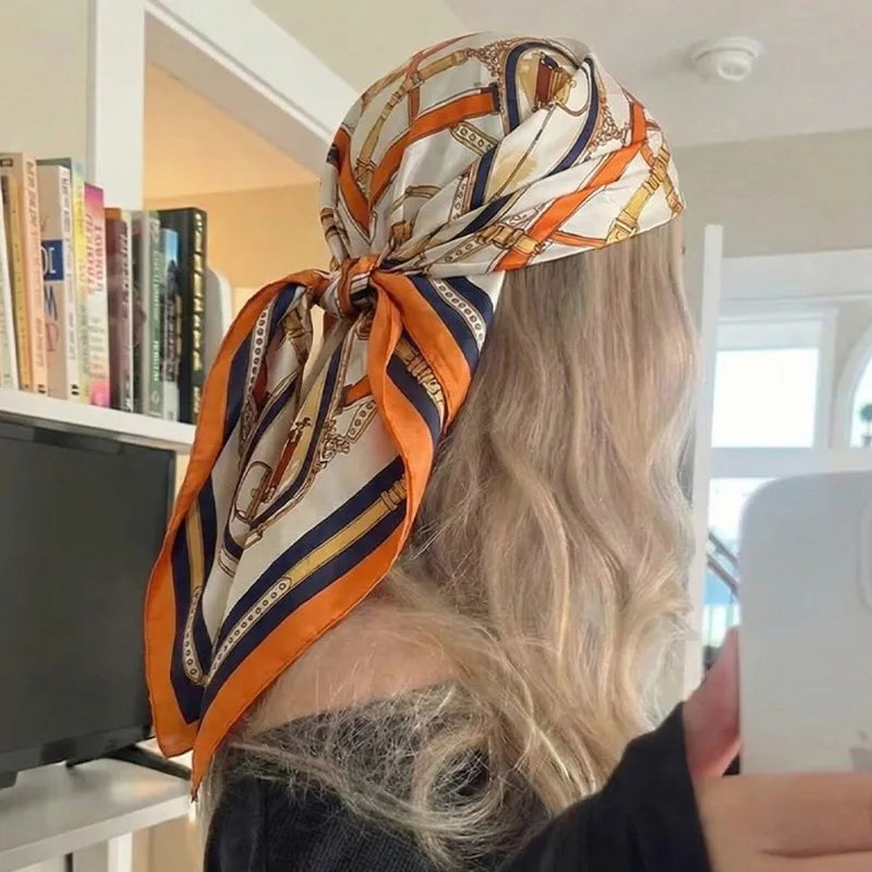 Women's Satin Square Scarf Hair Wrap Neck Tie Floral Chain Print Multiway Accessory for Hair Purse Headband 27.6 in | Lonoma