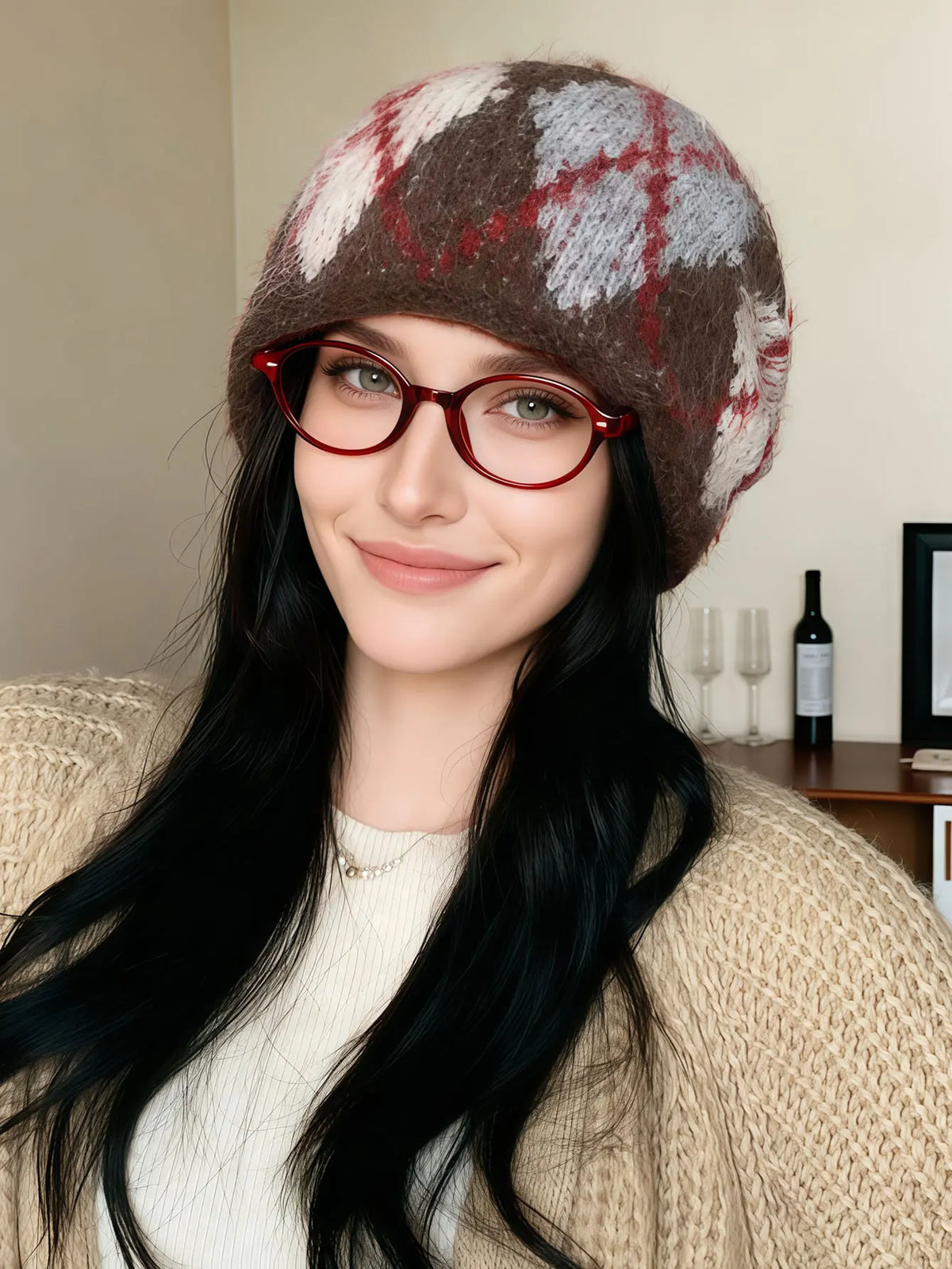 Knit Beanie with Ear Flaps Diamond Plaid Pattern Winter Hat Unisex Cold Weather Headwear Casual Outdoor Warm Cap | Lonoma