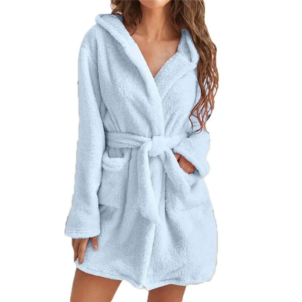 Women's Hooded Bathrobe with Belt Cotton Terry Cloth Robe Long Sleeve Spa Lounge Wear Absorbent Towel Robe for Shower | Lonoma