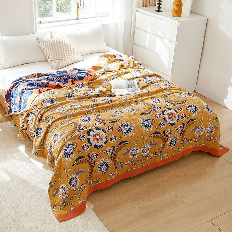 Lightweight Cotton Gauze Blanket Floral King Size Breathable Summer Coverlet for Bed Sofa Throw All-Season | Lonoma