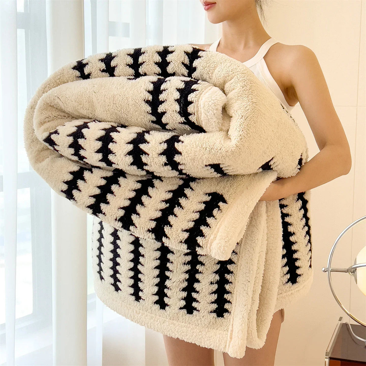 Geometric Striped Fleece Throw Blanket Reversible Sherpa Ultra Plush Cozy Winter Soft Warm 100% Polyester for Bed Couch Living Room Bedroom | Lonoma