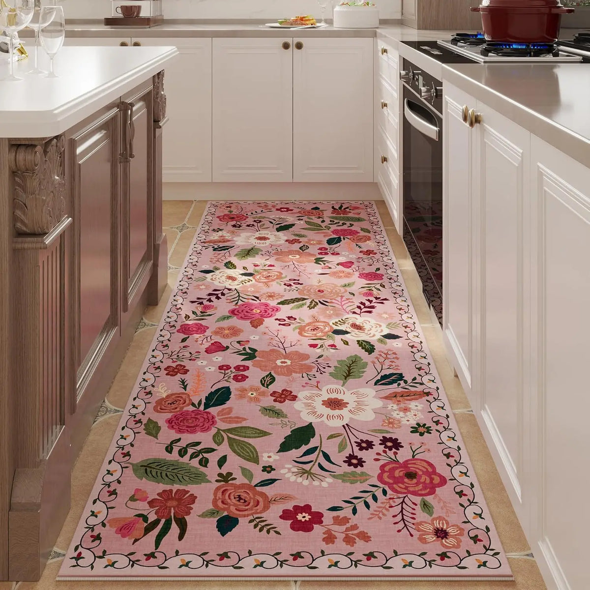 Non-Slip Hallway Runner Rug with Floral Pattern Machine Washable Kitchen Floor Mat Rubber Backing for Entryway Home Indoor Decor | Lonoma