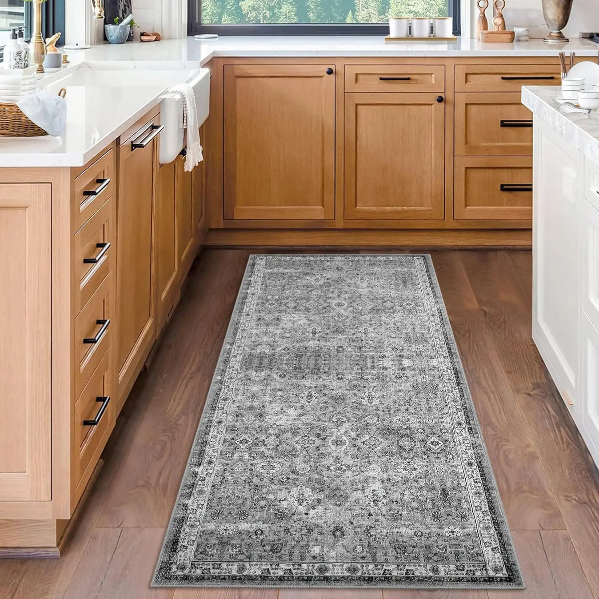 Vintage Low-Pile Area Rug Washable Non-Slip Gray Runner for Kitchen Entryway Bedroom Hallway | Lonoma