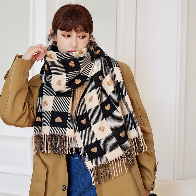 Oversized Plaid Blanket Scarf for Women – Thick Knit Heart-Shaped Shawl Wrap for Fall Winter | Lonoma