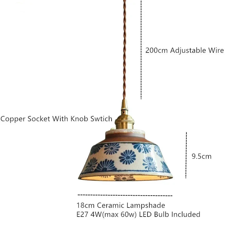 Hand-Painted Ceramic Pendant Light with Floral Design and Copper Mount, Nordic Style Hanging Lamp for Dining Room, Kitchen, Bedroom | Lonoma