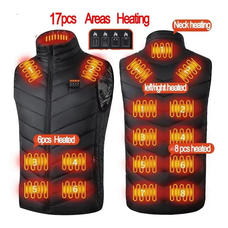 USB Powered Infrared Heated Vest for Men 17 Zone Electric Warming Waistcoat Winter Outdoor Hiking Sports Full Zip Insulated Body Warmer | Lonoma