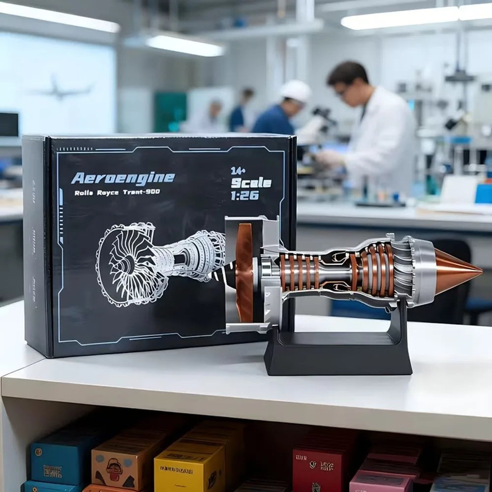 3D-geprinte vliegtuig-turbofanmotor modelbouwset, metalen oppervlak, PLA-model met zwarte basis, mechanisch luchtvaart-display ornament voor kantoor, woonkamer, studio, vakantiecadeau