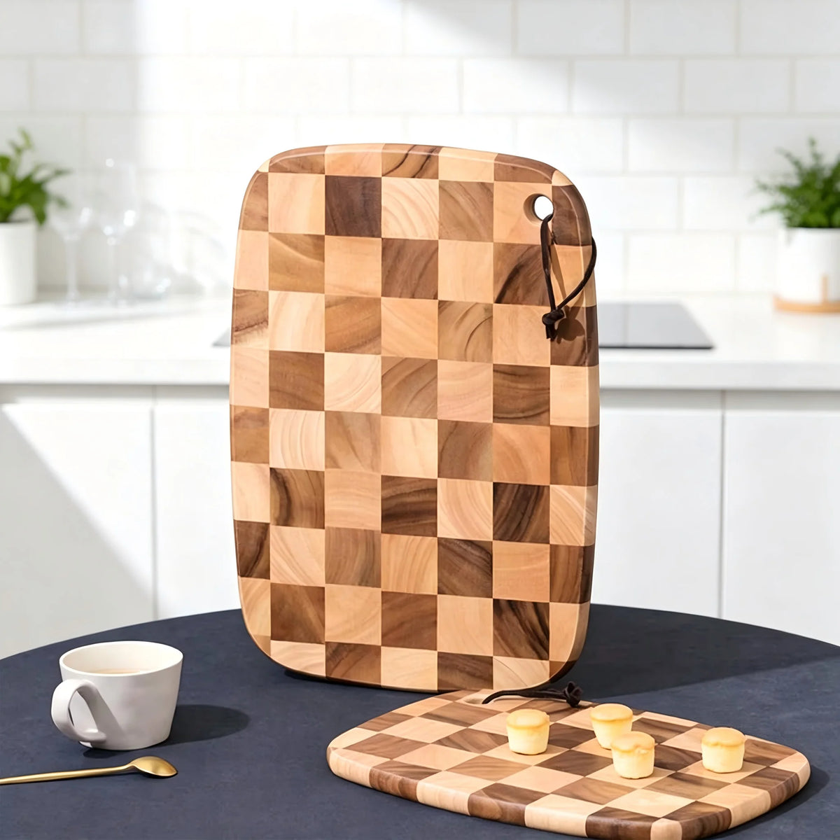 Rubberwood Cutting Board Checkerboard Pattern Thick Butcher Block for Meat Vegetables Fruit Kitchen Prep Charcuterie Serving Tray | Lonoma