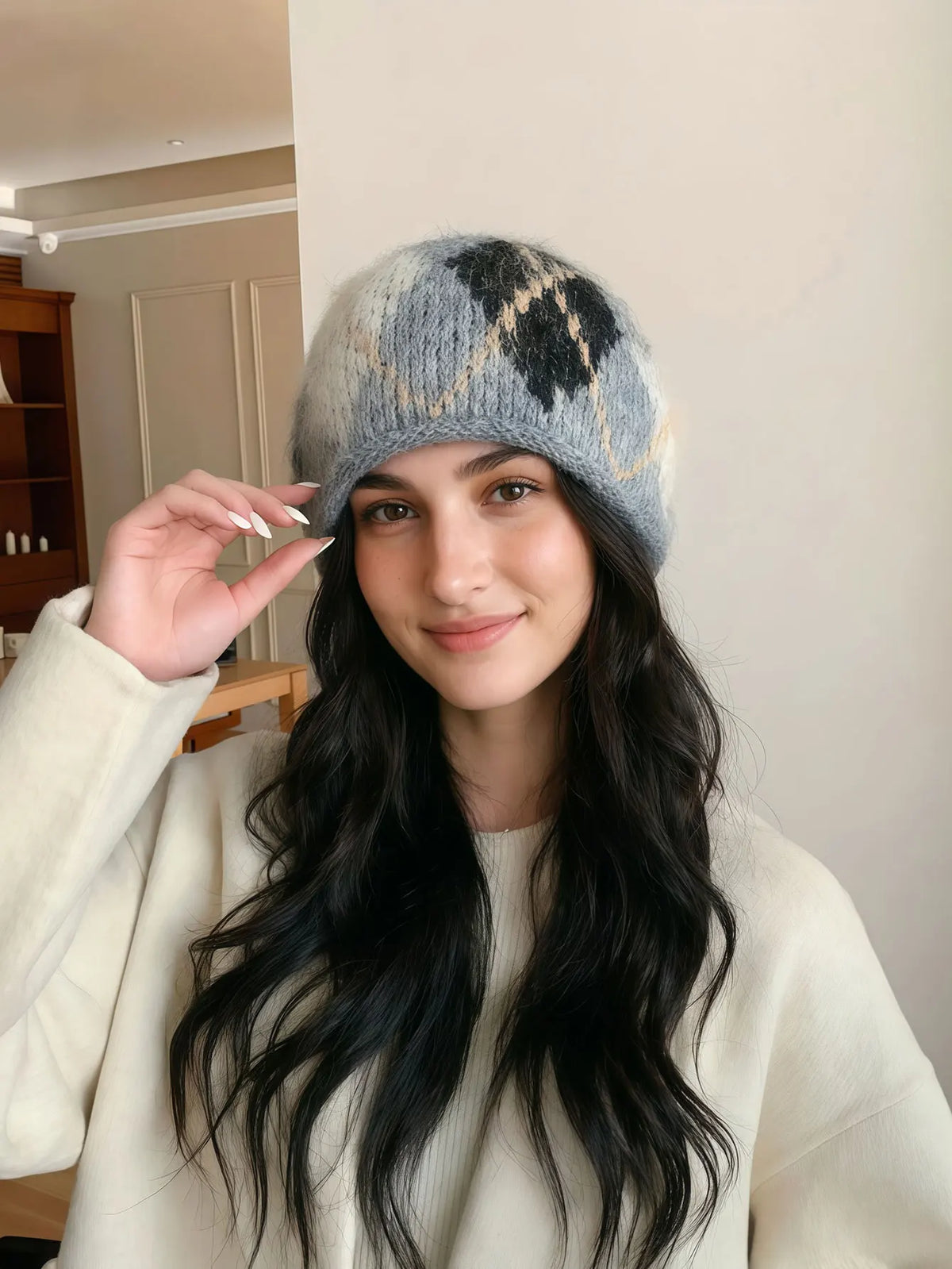 Knit Beanie with Ear Flaps Diamond Plaid Pattern Winter Hat Unisex Cold Weather Headwear Casual Outdoor Warm Cap | Lonoma