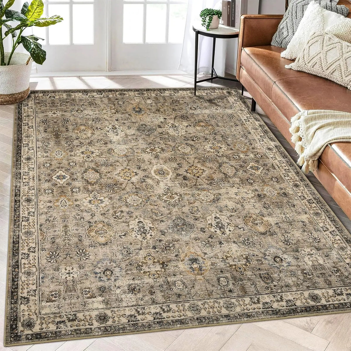 Vintage Low-Pile Area Rug Washable Non-Slip Gray Runner for Kitchen Entryway Bedroom Hallway | Lonoma