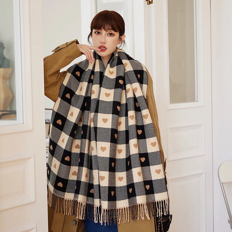 Oversized Plaid Blanket Scarf for Women – Thick Knit Heart-Shaped Shawl Wrap for Fall Winter | Lonoma