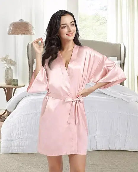 Women's Satin Kimono Robe Lightweight Loungewear Short Sleeve Knee Length Sleepwear for Bridal Party Getting Ready Spa | Lonoma