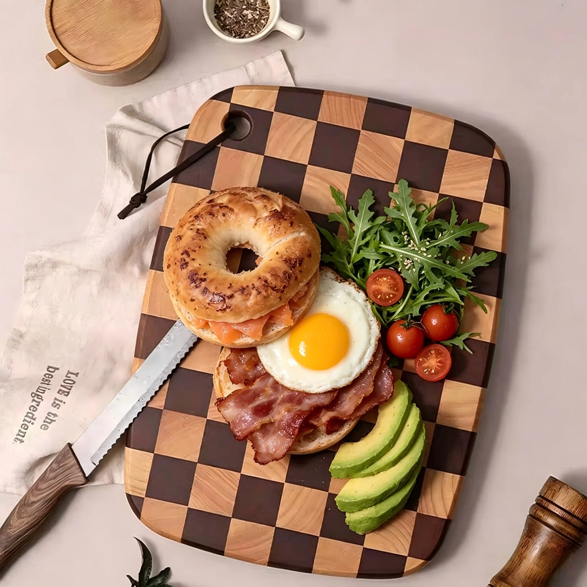 Rubberwood Cutting Board Checkerboard Pattern Thick Butcher Block for Meat Vegetables Fruit Kitchen Prep Charcuterie Serving Tray | Lonoma