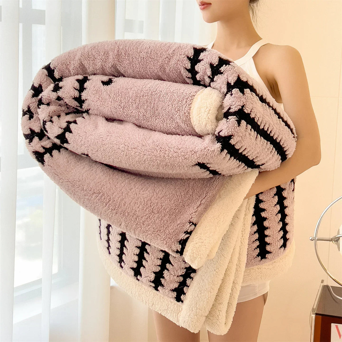 Geometric Striped Fleece Throw Blanket Reversible Sherpa Ultra Plush Cozy Winter Soft Warm 100% Polyester for Bed Couch Living Room Bedroom | Lonoma
