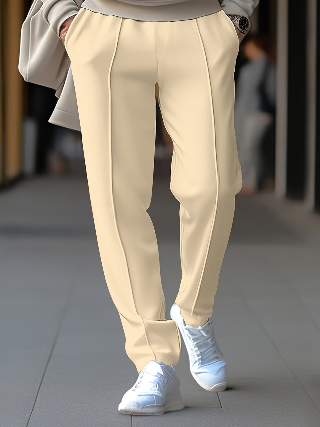 Men's Tapered Pants with Elastic Drawstring Waist and Center Seam | Slim Fit Casual Trousers for Everyday | Comfortable Stretch Waistband | Lonoma