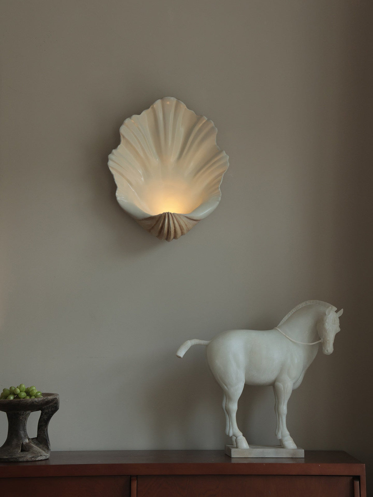 Coastal Seashell Wall Light with Wood Base — Cream Resin Sconce for Bedroom, Living Room, Hallway — Hardwired or Battery Operated Accent | Lonoma