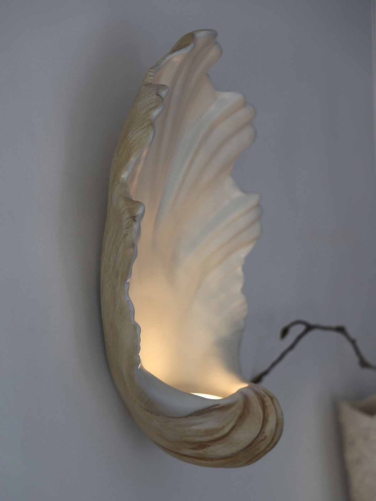 Coastal Seashell Wall Light with Wood Base — Cream Resin Sconce for Bedroom, Living Room, Hallway — Hardwired or Battery Operated Accent | Lonoma