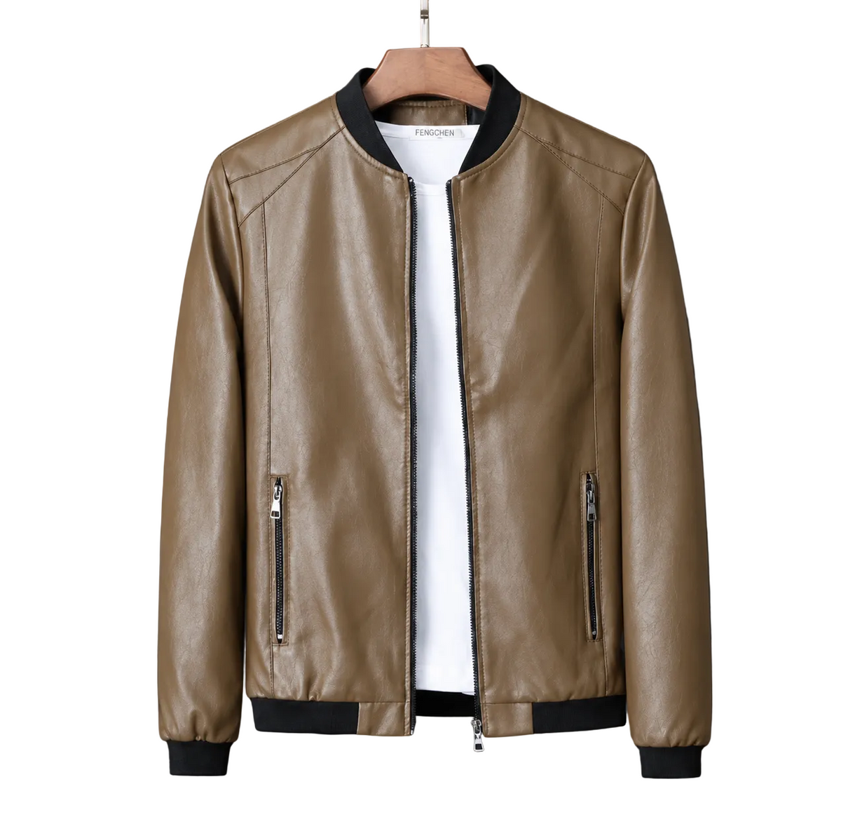 Men's Genuine Leather Bomber Jacket with Ribbed Collar and Zipper Pockets for Smart Casual Wear | Lonoma