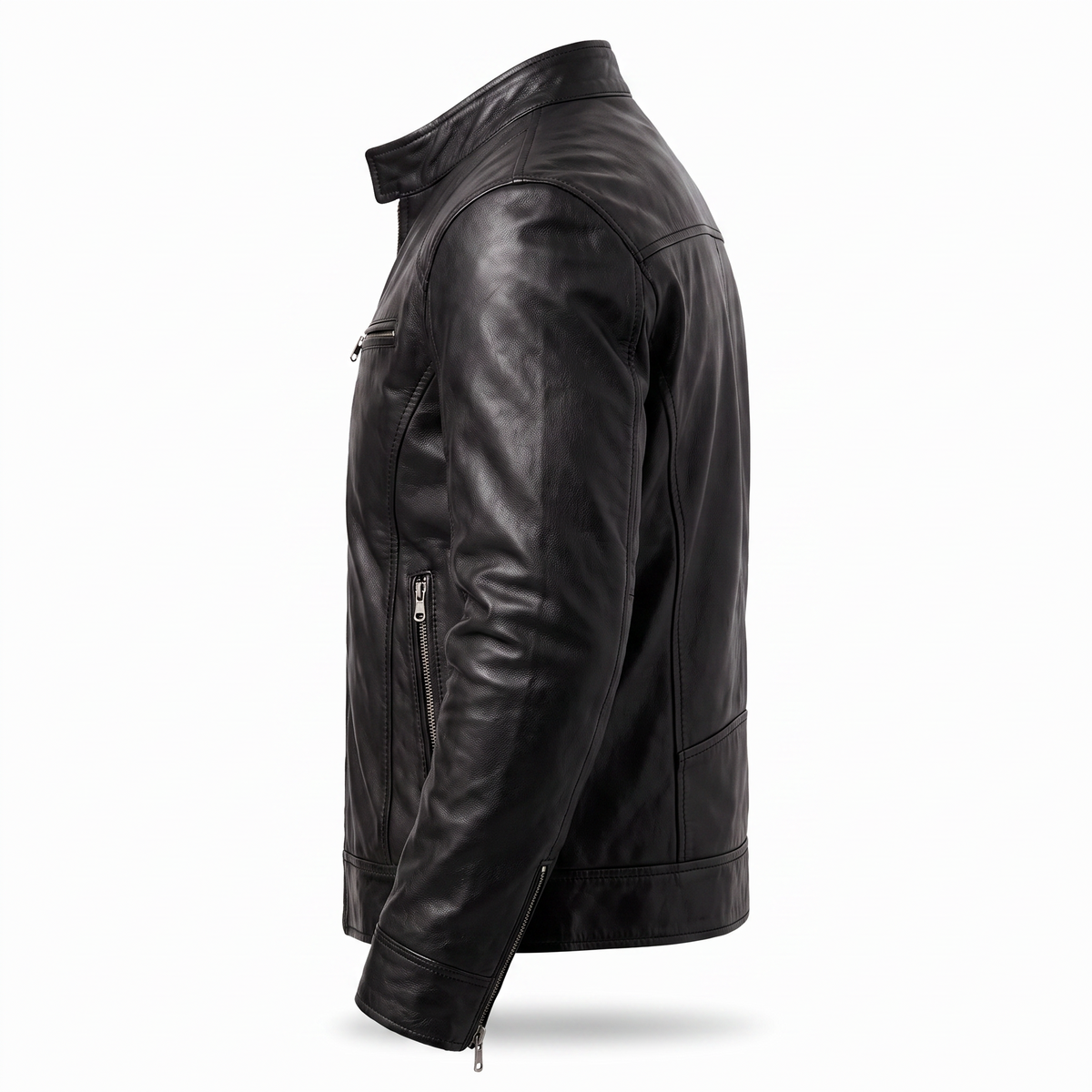 Men's Genuine Leather Motorcycle Jacket with Stand-Up Collar, Zip Chest Pockets, and Snap Closure for Casual Rides and Urban Wear | Lonoma
